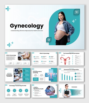 Gynecology with pregnant woman, teal medical graphics, editable text holders, and modern layout.