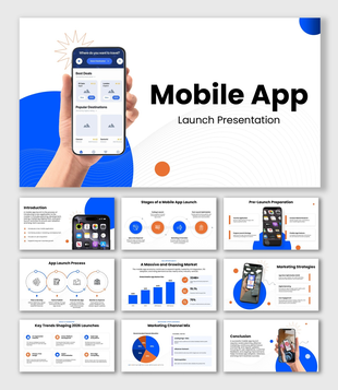 Mobile App Launch with smartphone, blue-orange graphics, editable text holders, and modern layout.