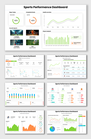 Sports Performance Dashboard with charts, KPI cards, sports images, green accents, and text holders.