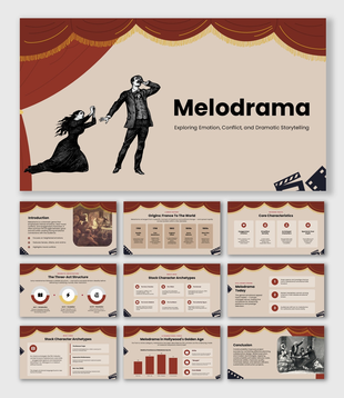Melodrama Presentation with red stage curtains, vintage actors, beige slides, editable text holders and infographic shapes.