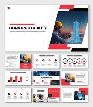 Constructability with engineer, 3D building model, red, black and white theme, editable text holders and shapes.