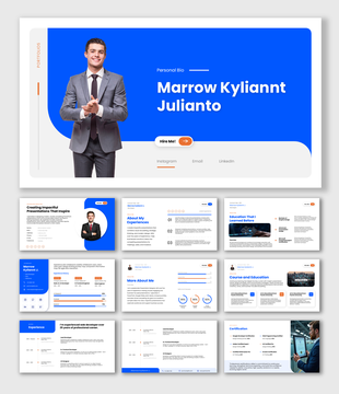 Personal Bio Presentation with portrait, blue layout, CTA button, and editable text holders.