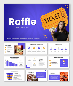 Raffle with ticket, cash, person, purple theme, bold title, and editable text holders.