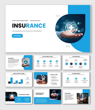 Community Based Health Insurance with blue medical icons, shield graphic, and text holders.
