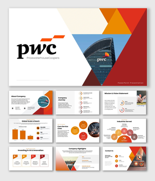 PWC with blue theme, business visuals, modern icons, clean layout, and editable text holders.