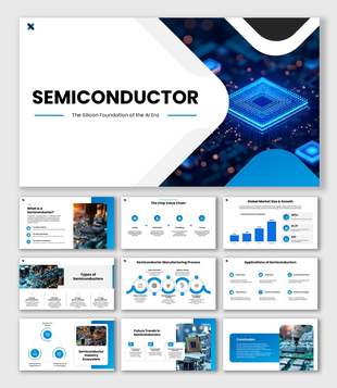 Semiconductor with AI chip image, blue theme, modern shapes, and editable text holders.