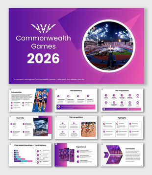 Commonwealth Games 2026 with stadium photo, purple theme, bold title, and text holders.