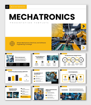 Mechatronics with robotic arm, yellow theme, bold title, text holders, and modern shapes.