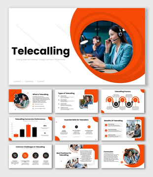 Telecalling with headset agent, orange circles, bold title, text holders, and modern shapes.