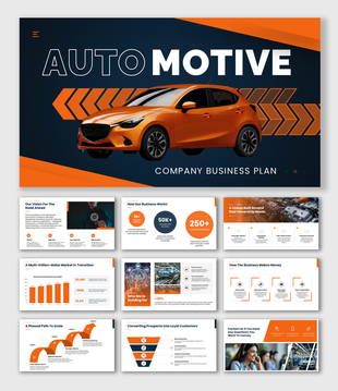 Automotive Company Business Plan with orange car, dark theme, bold title, text holders, and arrows.