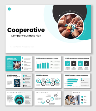 Cooperative Company Business Plan with teamwork image, teal theme, text holders, and circles.