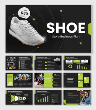 Shoe Store Business Plan with white sneaker, black-green theme, text holders, and circles.