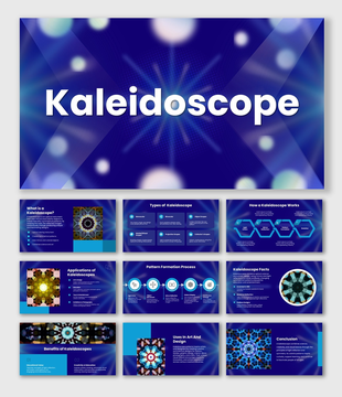 Kaleidoscope with blue theme, colorful patterns, bold title, text holders, and modern shapes.