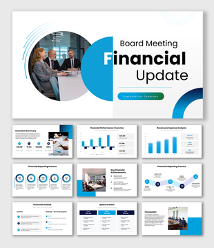 Board Meeting Financial Update featuring blue theme, financial charts, and infographic shapes.