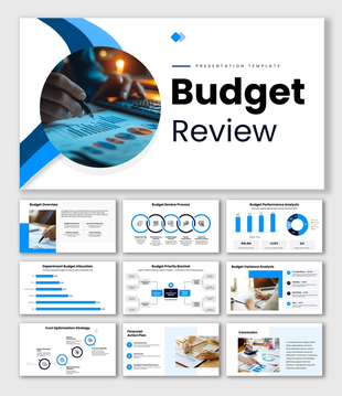 Budget Review featuring blue theme, budget charts, infographic icons, and clean layout.