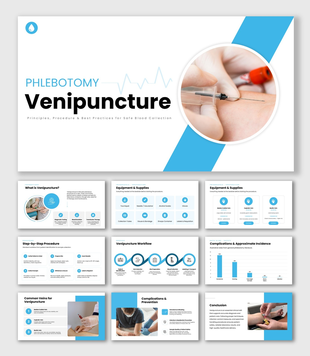 Venipuncture with medical visuals, blue accents, circular shapes, icons, and clear text holders.
