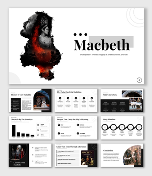 Macbeth with black, white and red theme, character collage, text blocks, and circular accents.