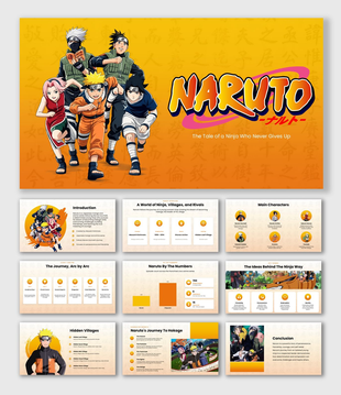 Naruto slide with ninja characters, orange background, logo, bold text, and pink shapes.
