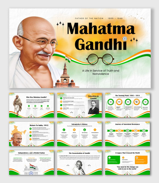 Mahatma Gandhi portrait with tricolor waves, historical timeline, freedom icons, Satyagraha themes, and clean text holders.