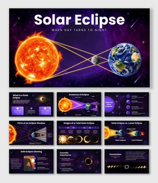 Solar Eclipse with Sun, Moon, Earth, purple space, eclipse stages, shadow diagrams, text boxes, circular shapes, and glowing 