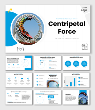 Centripetal Force with roller coaster visuals, circular diagrams, blue shapes, formulas, charts, and text holders.