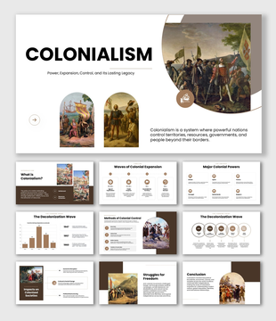 Colonialism deck with historic images, brown accents, timelines, charts, text boxes, circles, and process shapes.