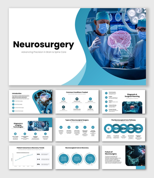 Neurosurgery deck with brain surgery images, blue tones, text boxes, circles, charts, medical icons, and care pathways.