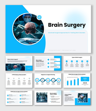 Brain Surgery deck with brain images, blue accents, text boxes, circles, icons, charts, timelines, and process diagrams.