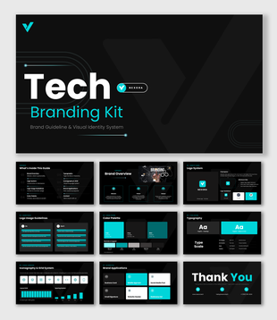 Tech Branding Kit with black theme, teal accents, logo guidelines, typography, icons, grids, and brand cards.