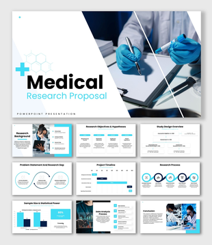 Medical Research Proposal with cyan accents, medical visuals, flowcharts, timelines, charts, process icons, and text boxes.