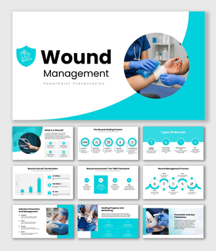Wound Management with cyan accents, wound care photos, healing steps, charts, icons, shapes, and text boxes.