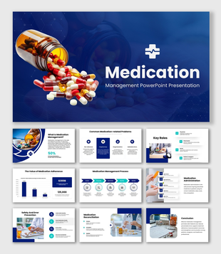 Medication Management with blue tones, pill photos, process arrows, charts, icons, and text boxes.