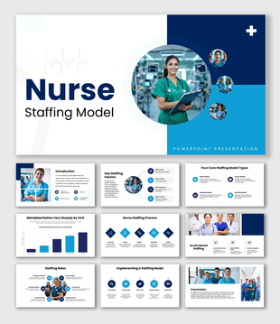 Nurse Staffing Model with blue accents, nurse photos, staffing charts, icons, process diagrams, shapes, and text boxes.