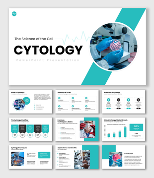 Cytology with teal accents, cell images, microscope visuals, workflow diagrams, charts, icons, and text boxes.