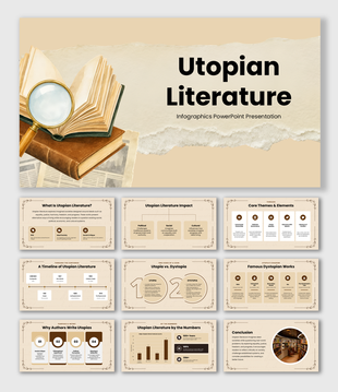 Utopian Literature Infographics with beige tones, book visuals, timelines, charts, icons, shapes, and text boxes.