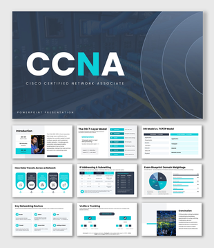 CCNA with blue-teal accents, network diagrams, OSI layers, IP tables, device icons, charts, and text boxes.