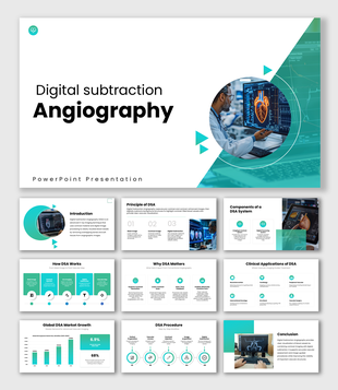 Digital Subtraction Angiography with teal accents, vascular scans, charts, icons, shapes, and text boxes.