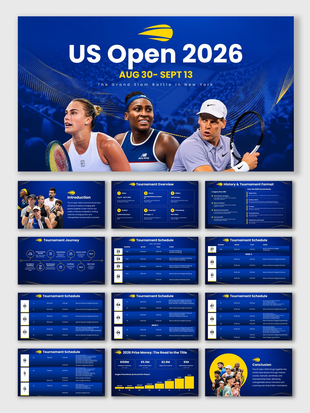 US Open 2026 with tennis players, blue-yellow theme, tournament schedules, timeline, prize charts, and text boxes.