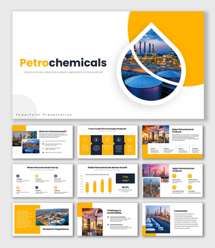 Petrochemicals with refinery photos, orange accents, product icons, market charts, process graphics, and text panels.