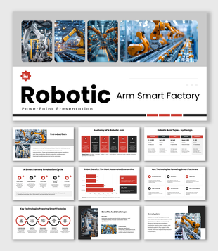 Robotic Arm Smart Factory with orange robot photos, red accents, process diagrams, charts, icons, and text panels.