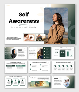 Self Awareness with green tones, reflective portraits, flower shapes, charts, icons, and text panels.