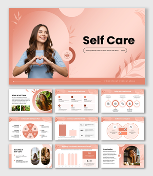 Self Care with peach tones, wellness photos, leaf shapes, circular graphics, icons, charts, and text panels.