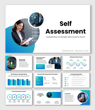 Self Assessment with blue accents, professional photos, circular shapes, rating charts, icons, and text panels.