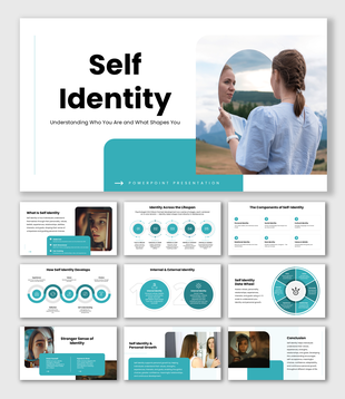Self Identity with teal accents, reflection photo, circular infographics, timeline, growth visuals, and text panels.