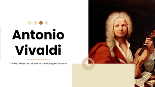 Antonio Vivaldi presentation with portraits, Baroque music timeline, charts, Four Seasons, musical style, and legacy panels.