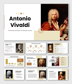 Antonio Vivaldi presentation with portraits, Baroque music timeline, charts, Four Seasons, musical style, and legacy panels.
