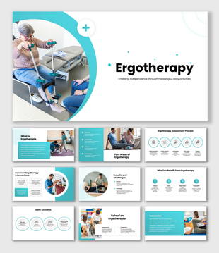 Ergotherapy slides with therapy images, assessment steps, daily activities, benefits, turquoise shapes, and text panels.