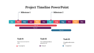 Project timeline showing milestones and tasks from January to December, with color coded task progress indicators.