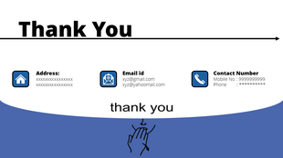A thank you slide featuring contact details like address, email, and phone number, with a pair of hands clapping at the bottom.