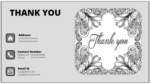 Thank you slide with contact information, including address, phone number, and email, with a decorative border.